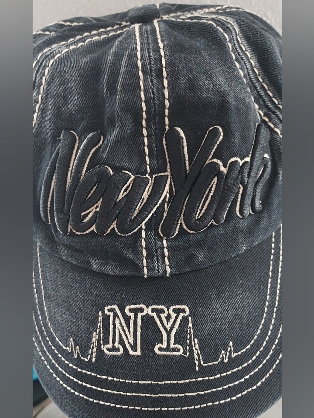 New York Cap Hat Black Distressed Bleached Worn USA NY Logo Travel Bloke Grunge